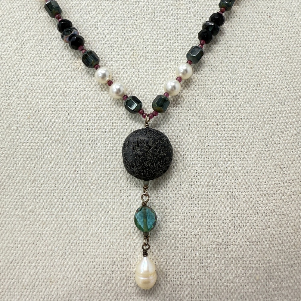 Handmade Gemstone Pearl Lariat Necklace Lava Stone Blue Crystal Sterling Silver